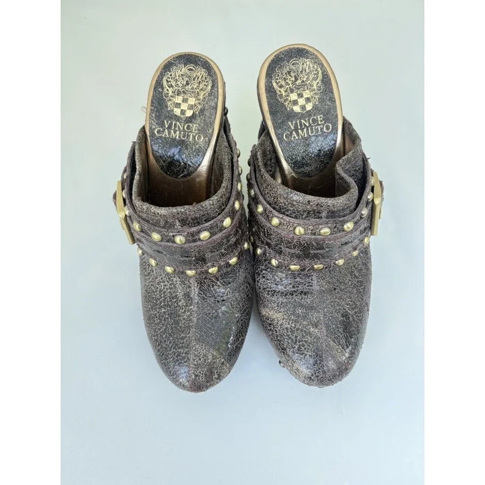 Vince Camuto Christies Clogs Shoes Brown Distressed Leather Slip On Women's 7.5
